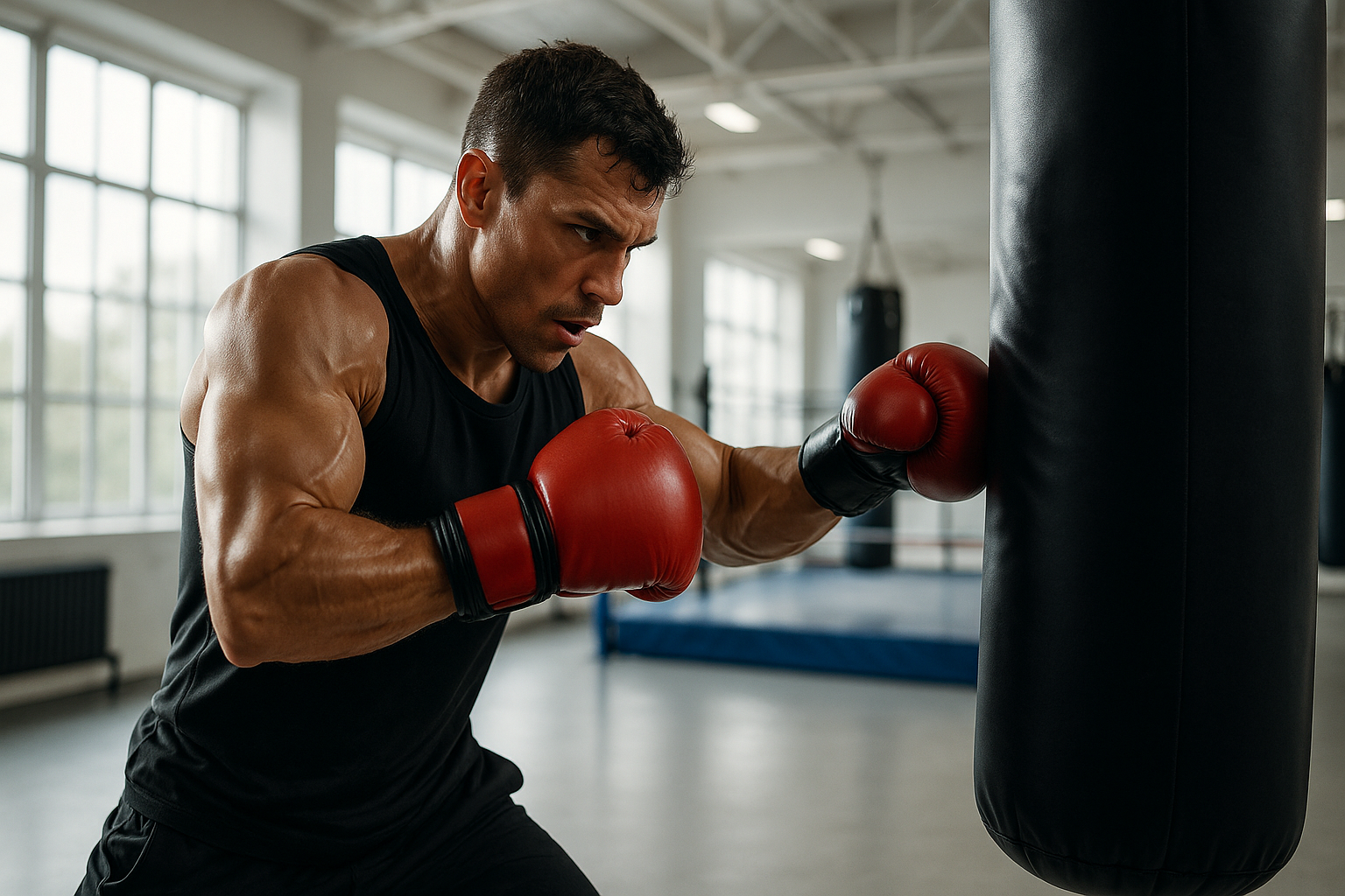 Боксер бьет по боксерскому мешку в светлом тренировочном зале